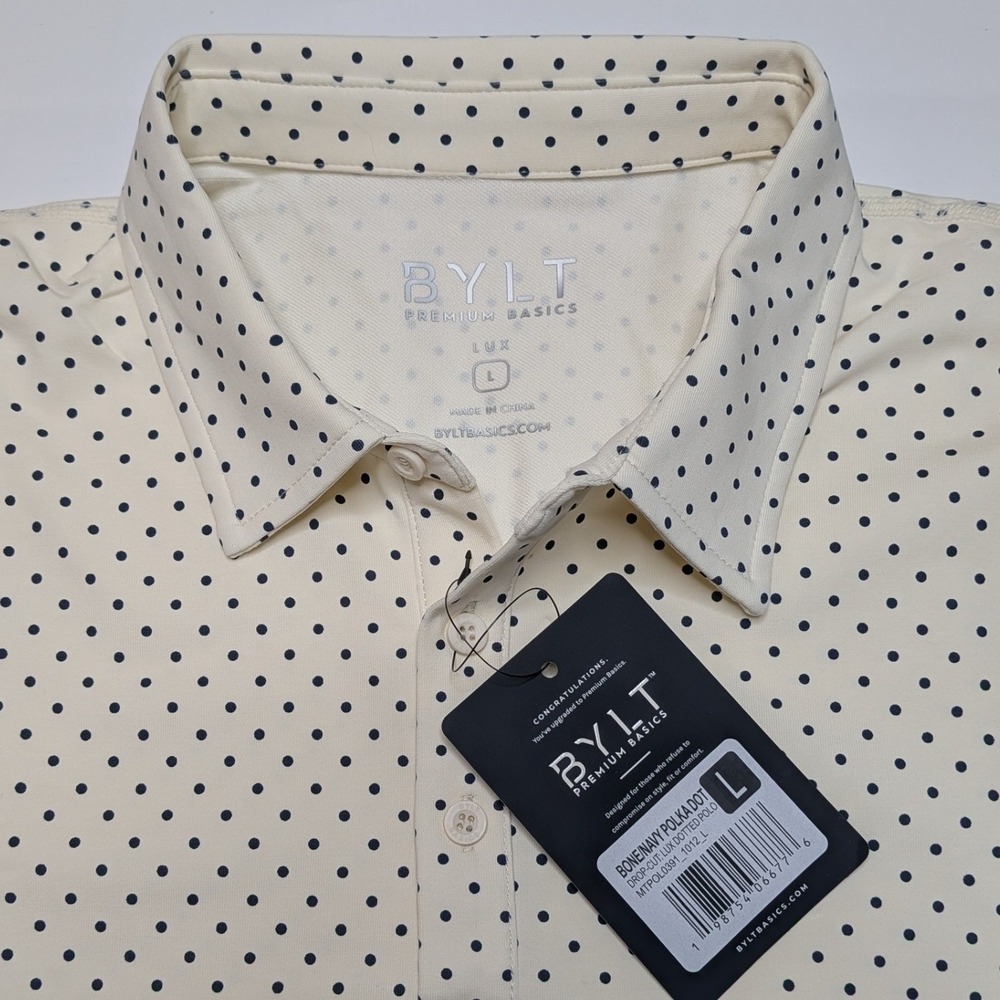 BYLT Drop-Cut LUX Dotted Polo Men's L Bone Navy Polka Dot Shirt NWT - Picture 3 of 6